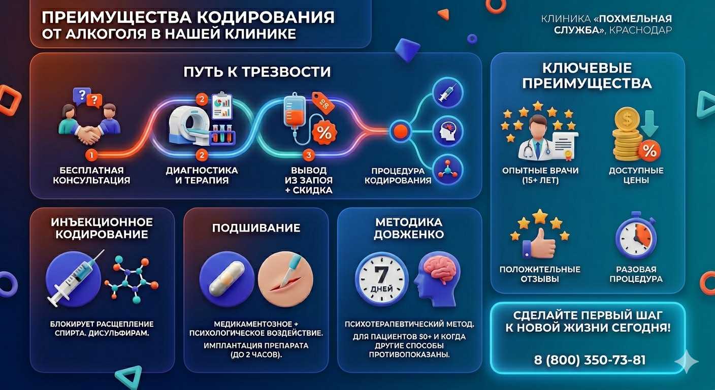 Инфографика о методах кодирования от алкоголя в Пыть-Яхе: инъекции, подшивание, метод Довженко. Преимущества клиники и этапы лечения.