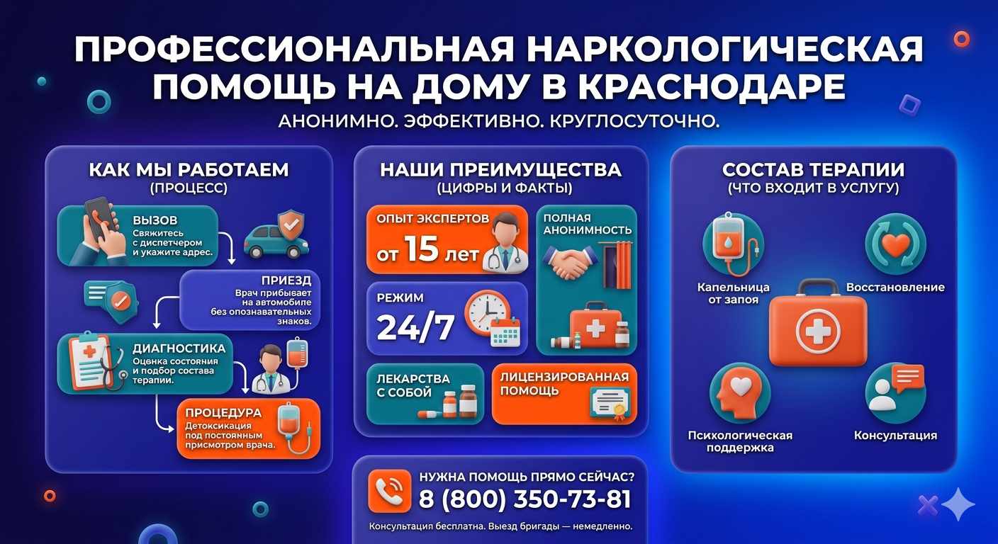Инфографика о принципах лечения алкоголизма на дому в Пыть-Яхе: этапы вызова нарколога, преимущества анонимной детоксикации и состав медицинской помощи.
